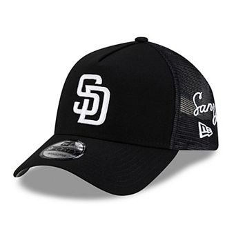Men's New Era Black San Diego Padres Side Script 9FORTY A-Frame Trucker Adjustable Hat