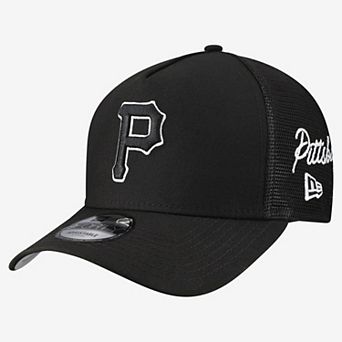 Men's New Era Black Pittsburgh Pirates Side Script 9FORTY A-Frame Trucker Adjustable Hat