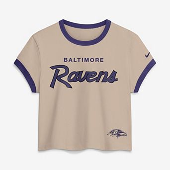 Women's Nike Cream Baltimore Ravens Rewind Ringer Mod Cropped T-Shirt