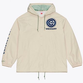 Men's Mitchell & Ness Ryne Sandberg Cream Chicago Cubs Full-Snap Yacht Rock Name & Number Hooded Coach's Jacket