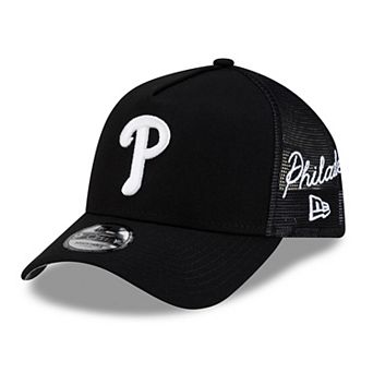 Men's New Era Black Philadelphia Phillies Side Script 9FORTY A-Frame Trucker Adjustable Hat
