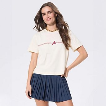 Women's Terez Cream Atlanta Braves Single Line Baseball Stitch T-Shirt