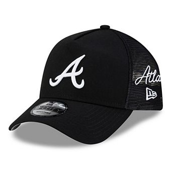 Men's New Era Black Atlanta Braves Side Script 9FORTY A-Frame Trucker Adjustable Hat