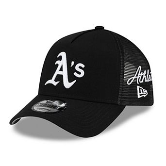 Men's New Era Black Athletics Side Script 9FORTY A-Frame Trucker Adjustable Hat