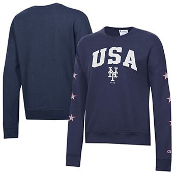 Women's Champion Navy New York Mets Americana Fleece Crewneck Sweatshirt