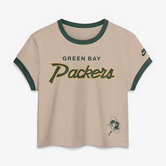 Women's Nike Cream Green Bay Packers Rewind Ringer Mod Cropped T-Shirt