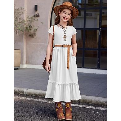 Arshiner Girls Summer Maxi Dresses Short Sleeve Casual Flowy Tiered