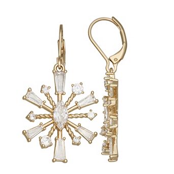 Napier Gold-Tone Cubic Zirconia Leverback Snowflake Drop Earrings