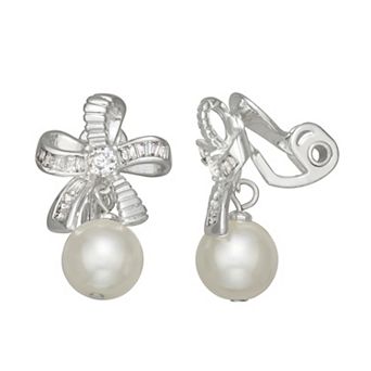 Napier Silver-Tone Cubic Zirconia Clip-On Bow Simulated Pearl Drop Earrings
