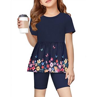 Arshiner Girls Summer Outfits Short Sleeve Ruffle Hem Top And Biker Shorts Set Girl Clothes
