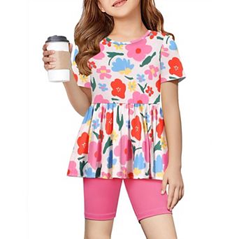 Arshiner Girls Summer Outfits Short Sleeve Ruffle Hem Top And Biker Shorts Set Girl Clothes