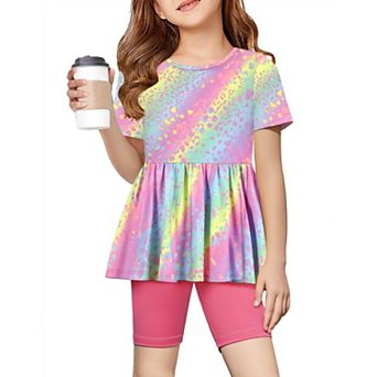 Arshiner Girls Summer Outfits Short Sleeve Ruffle Hem Top And Biker Shorts Set Girl Clothes