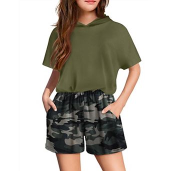 Arshiner Girls Summer Leopard Print Hoodie Outfits Short Sleeve Pullover Crop Tops And Short Pant