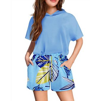 Arshiner Girls Summer Leopard Print Hoodie Outfits Short Sleeve Pullover Crop Tops And Short Pant