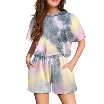 Arshiner Girls Summer Leopard Print Hoodie Outfits Short Sleeve Pullover Crop Tops And Short Pant