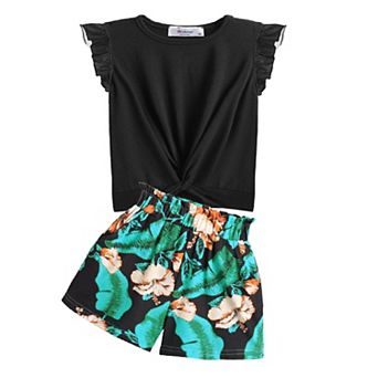 Arshiner Girls Shorts Sets Twist Front Ruffle Sleeve Tshirts And Shorts With Pockets Cute Clothes