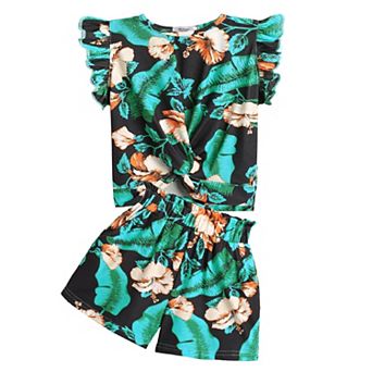 Arshiner Girls Shorts Sets Twist Front Ruffle Sleeve Tshirts And Shorts With Pockets Cute Clothes