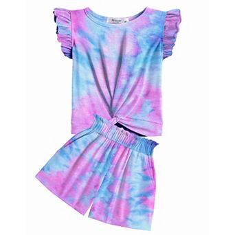 Arshiner Girls Shorts Sets Twist Front Ruffle Sleeve Tshirts And Shorts With Pockets Cute Clothes