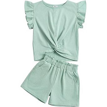Arshiner Girls Shorts Sets Twist Front Ruffle Sleeve Tshirts And Shorts With Pockets Cute Clothes