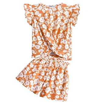 Arshiner Girls Shorts Sets Twist Front Ruffle Sleeve Tshirts And Shorts With Pockets Cute Clothes