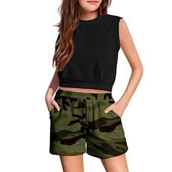 Arshiner Girls Shorts Sets Casual Clothing Set Casual Crewneck Sleeveless Tops And Elastic Waist
