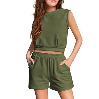 Arshiner Girls Shorts Sets Casual Clothing Set Casual Crewneck Sleeveless Tops And Elastic Waist