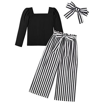 Arshiner Girls 3 pc Outfit Square Neck Rib Top Striped Wide Leg Pants with Headband