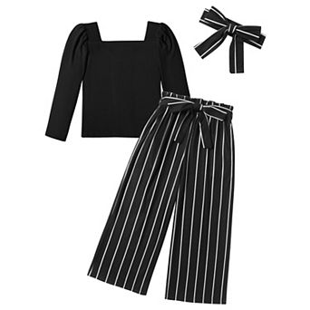 Arshiner Girls 3 pc Outfit Square Neck Rib Top Striped Wide Leg Pants with Headband