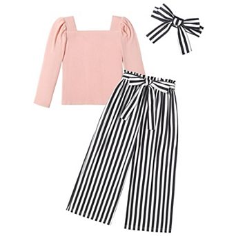 Arshiner Girls 3 pc Outfit Square Neck Rib Top Striped Wide Leg Pants with Headband