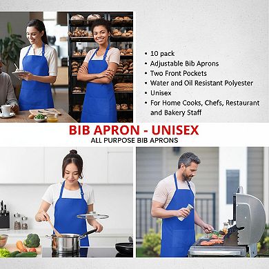 10 Pack Bib Apron Adjustable 2 Pockets Water Oil Resistant Cooking Chef