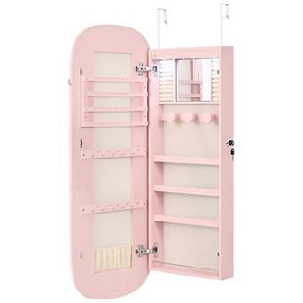 Wall-Mount Round Jewelry Cabinet with LED Lights, Shelves and Velvet-Lined Storage
