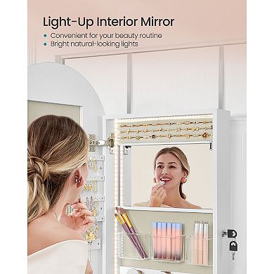 Wall-Mounted Arched Mirror Jewelry Cabinet with LED Lights and Hidden Storage