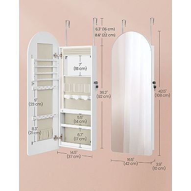 Wall-Mounted Arched Mirror Jewelry Cabinet with LED Lights and Hidden Storage
