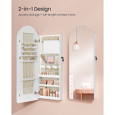 Wall-Mounted Arched Mirror Jewelry Cabinet with LED Lights and Hidden Storage