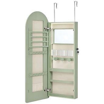 Wall-Mounted Arched Mirror Jewelry Cabinet with LED Lights and Hidden Storage