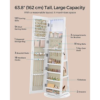 Freestanding Mirror Jewelry Cabinet with LED Lights and Storage Shelves