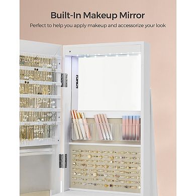 Freestanding Mirror Jewelry Cabinet with LED Lights and Storage Shelves
