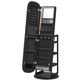 Freestanding Full-Length Mirror Jewelry Cabinet with LED Interior and Storage