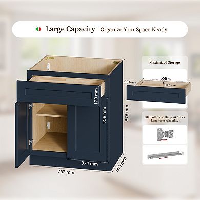 30" Navy Blue Shaker Base Cabinet with Soft-Close Door