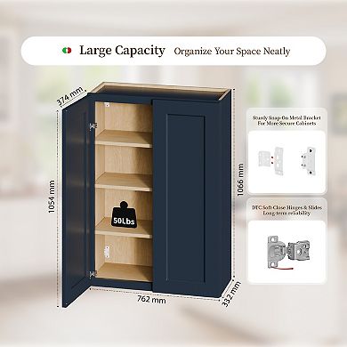 Navy Blue Shaker 30" Solid Wood Wall Cabinet