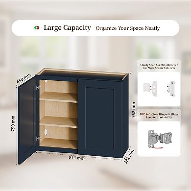 Navy Blue Shaker 36" Solid Wood Wall Cabinet