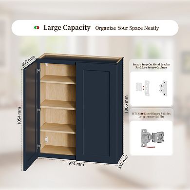 Navy Blue Shaker 36" Solid Wood Wall Cabinet