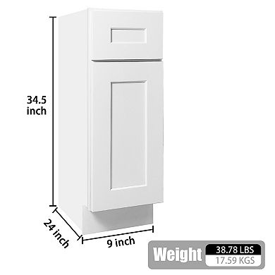 9 inch Narrow White Shaker Base Cabinet Soft-Close Drawer and Door