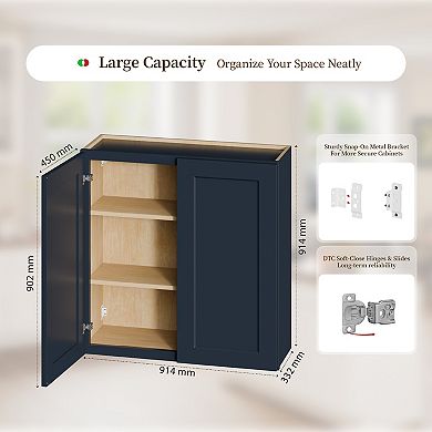 Navy Blue Shaker 36" Solid Wood Wall Cabinet