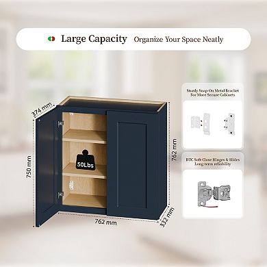 Navy Blue Shaker 30" Solid Wood Wall Cabinet
