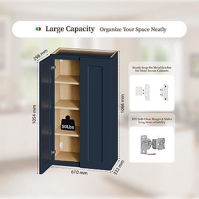 Navy Blue Shaker 24" Solid Wood Wall Cabinet