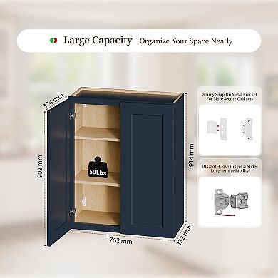 Navy Blue Shaker 30" Solid Wood Wall Cabinet