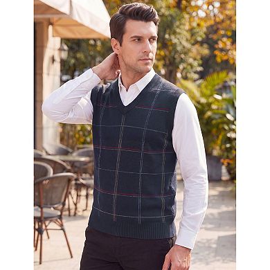 Men's Formal Lightweight V-Neck Sleeveless Plaid Pattern Knit Sweater Vest