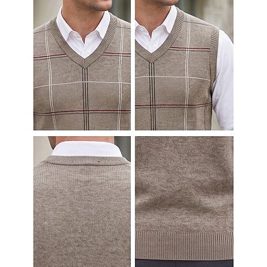 Men's Formal Lightweight V-Neck Sleeveless Plaid Pattern Knit Sweater Vest