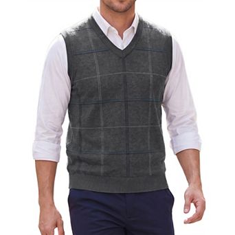 Men's Formal Lightweight V-Neck Sleeveless Plaid Pattern Knit Sweater Vest